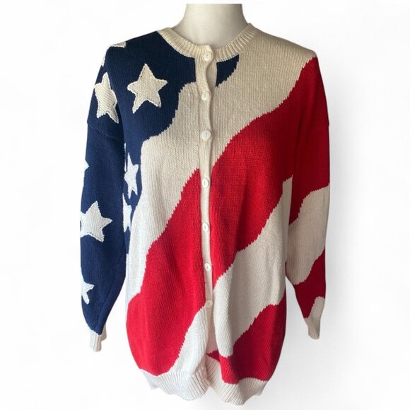 Lauren Hansen VTG American Flag Novelty Knit Cardigan Sweater M Button Up Ramie - Picture 1 of 12